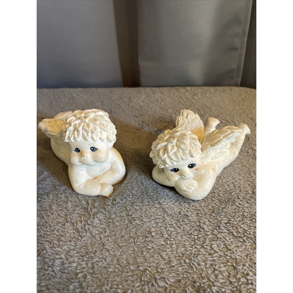 2 Vintage Cherub Angel Laying Down Ceramic With Wings